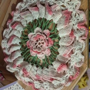 Crocheted Floral Round Doily in Pink, White & Green
